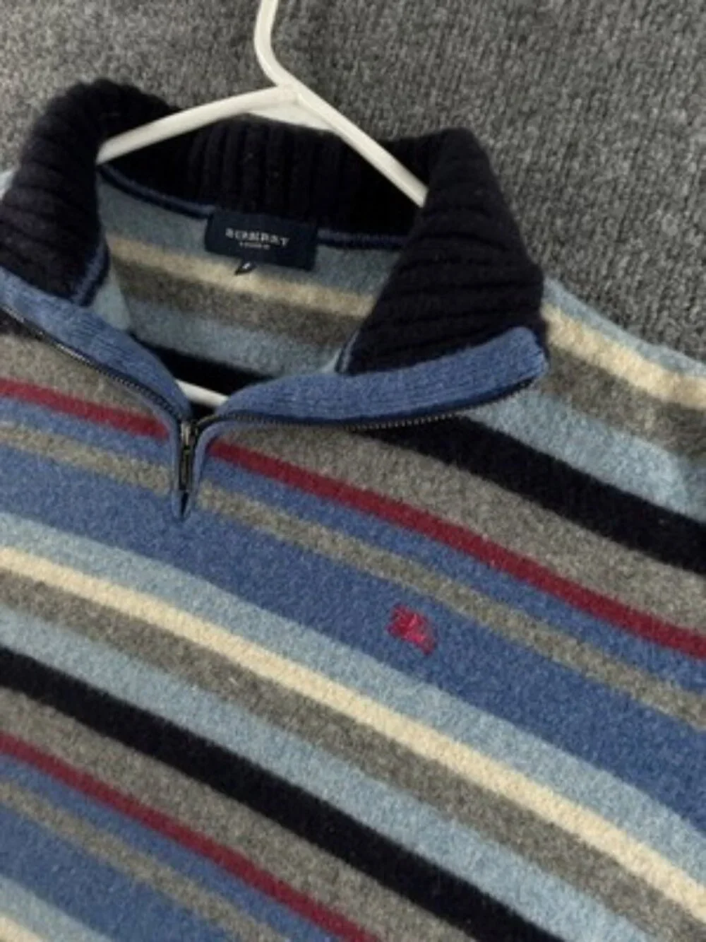 Burberry London 8 Long Sleeve Logo 1/4 Zip Striped Pullover Blue Gray Wool Mens